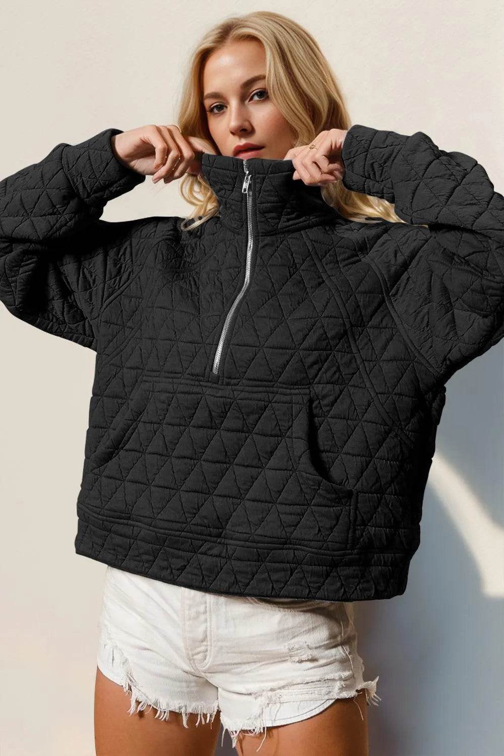 Double Take Half Zip Long Sleeve Quilted Sweatshirt with Pocket - Bona Fide Fashion
