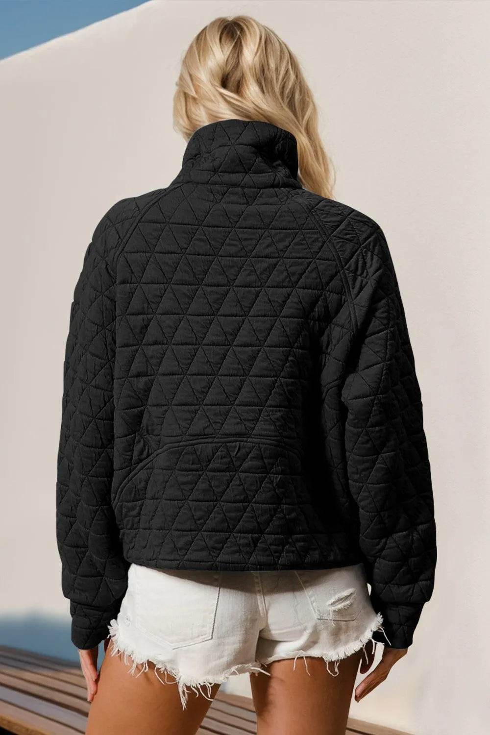 Double Take Half Zip Long Sleeve Quilted Sweatshirt with Pocket - Bona Fide Fashion