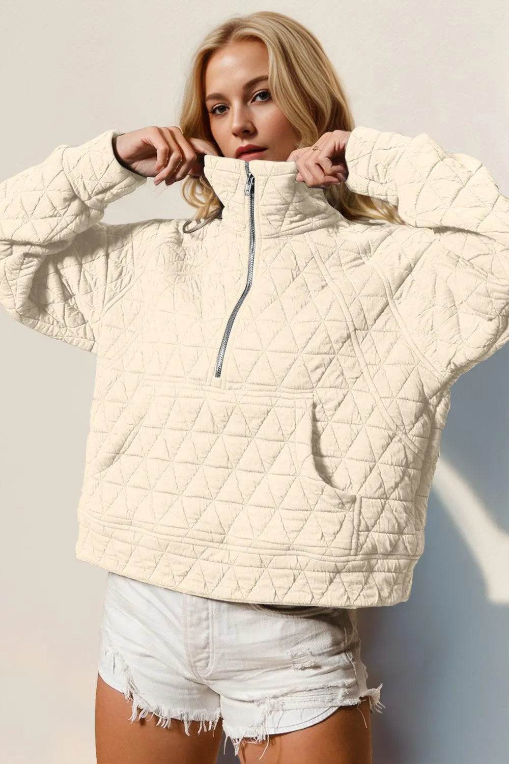 Double Take Half Zip Long Sleeve Quilted Sweatshirt with Pocket - Bona Fide Fashion