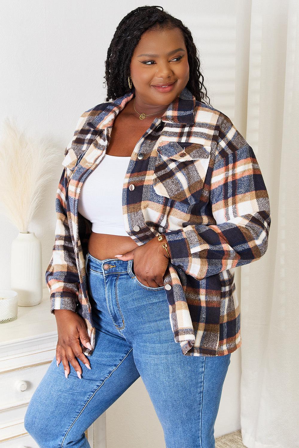 Double Take Plaid Button Front Shirt Jacket with Breast Pockets - Bona Fide Fashion