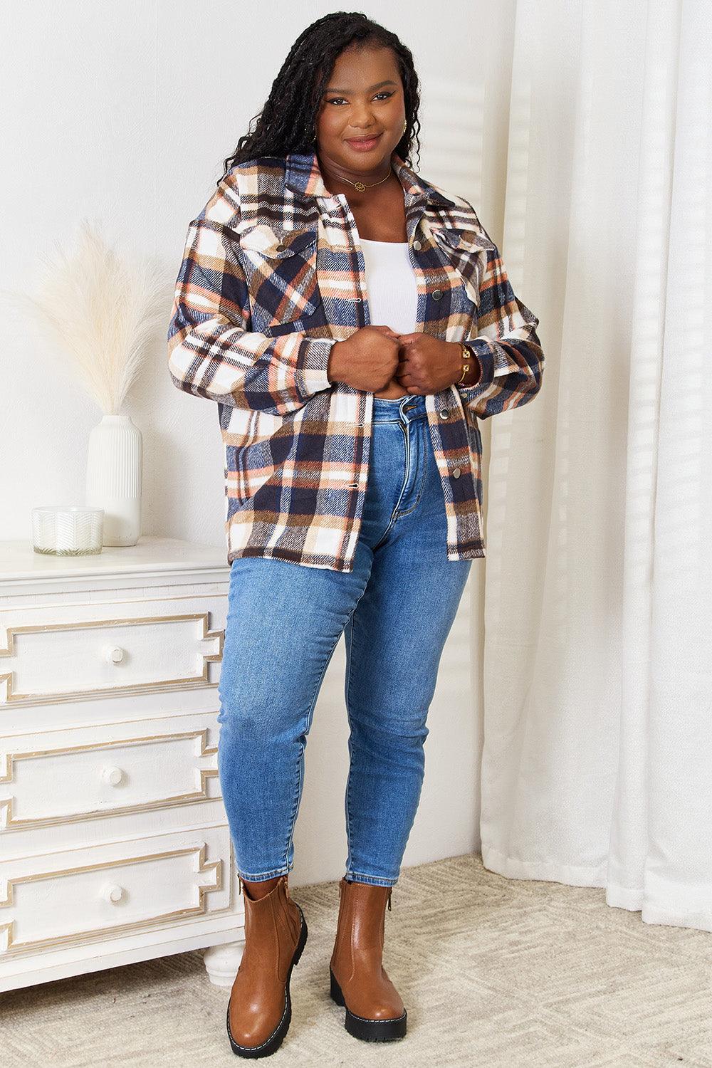 Double Take Plaid Button Front Shirt Jacket with Breast Pockets - Bona Fide Fashion