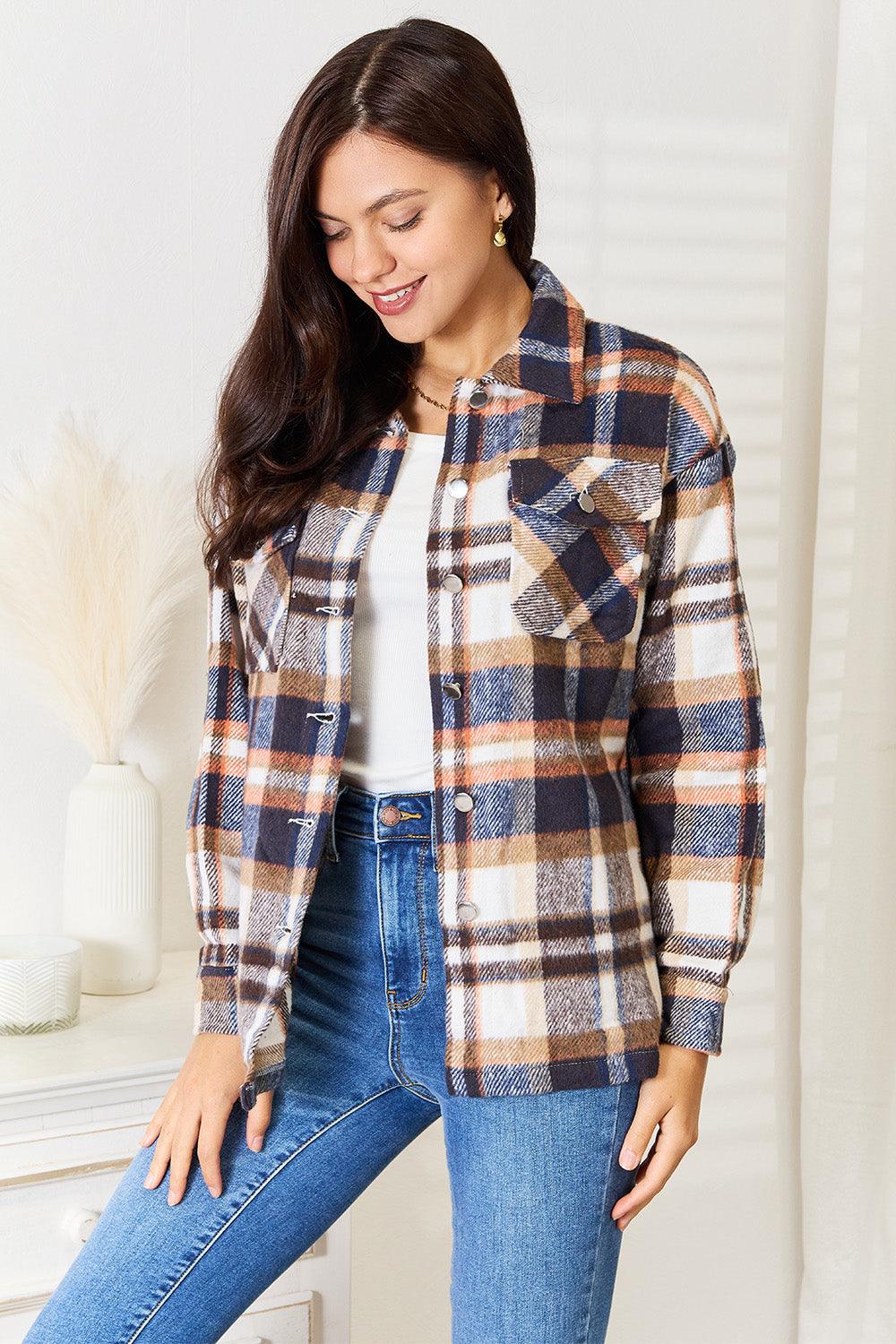 Double Take Plaid Button Front Shirt Jacket with Breast Pockets - Bona Fide Fashion