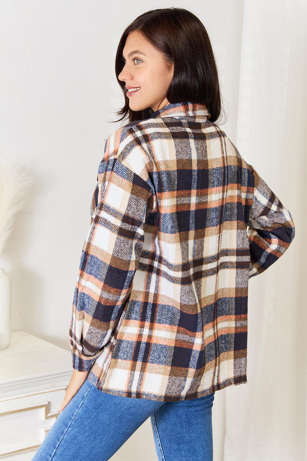 Double Take Plaid Button Front Shirt Jacket with Breast Pockets - Bona Fide Fashion