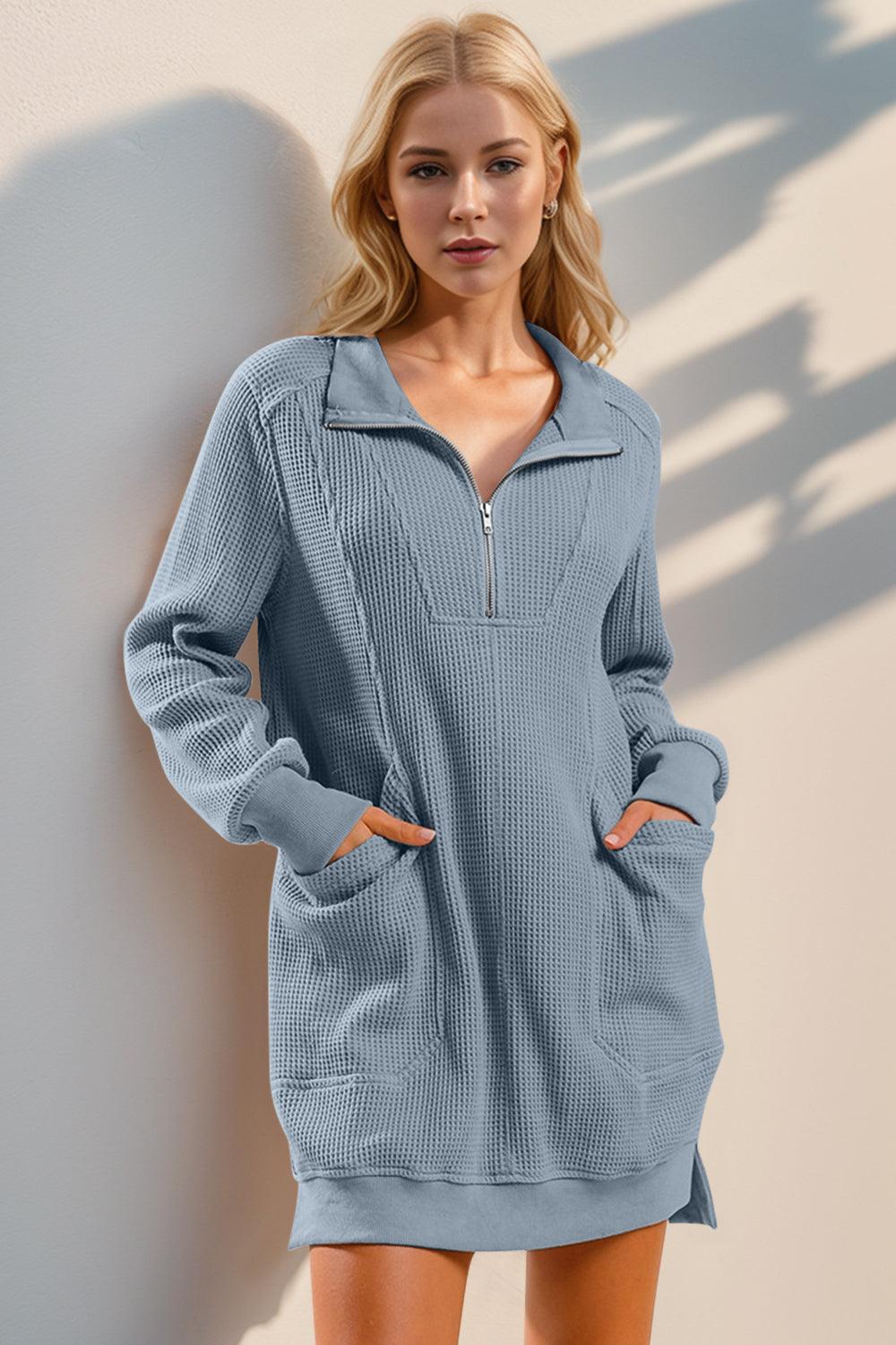 Double Take Waffle Long Sleeve Mini Dress with Pockets - Bona Fide Fashion