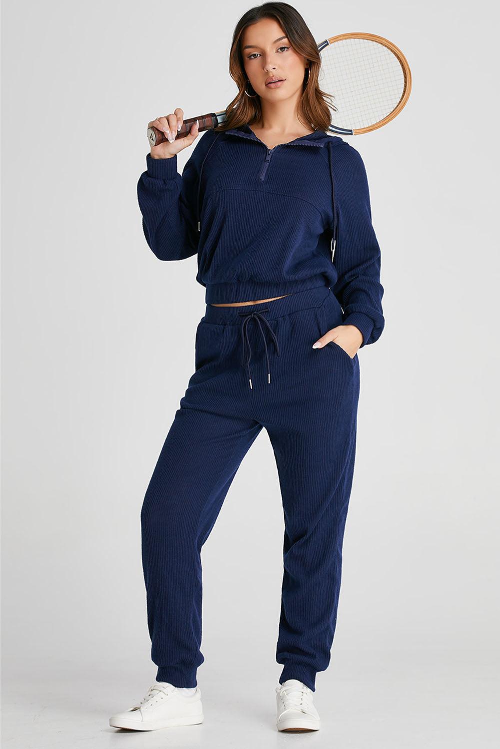 Drawstring Half Zip Hoodie and Joggers Active Set - Bona Fide Fashion