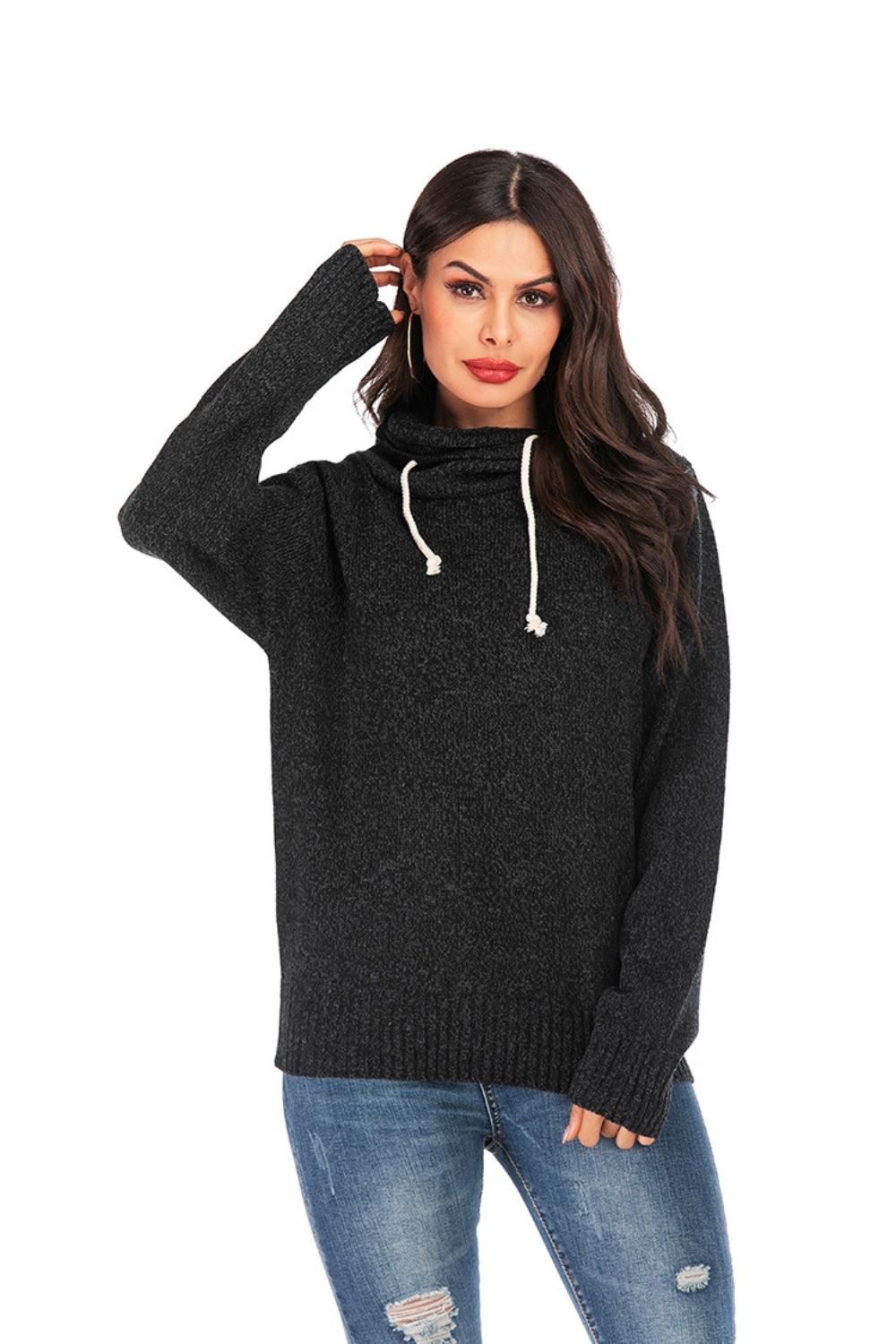 Drawstring Mock Neck Long Sleeve Sweater - Bona Fide Fashion