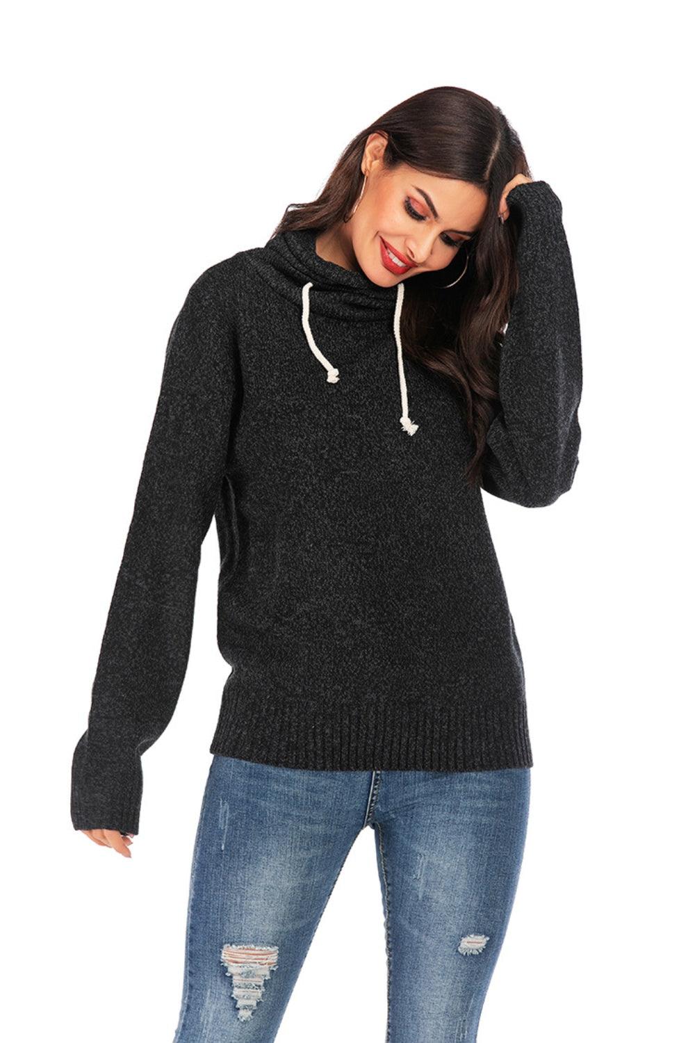 Drawstring Mock Neck Long Sleeve Sweater - Bona Fide Fashion