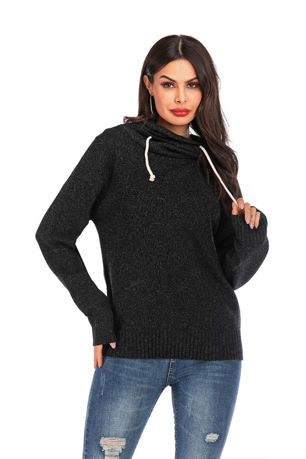 Drawstring Mock Neck Long Sleeve Sweater - Bona Fide Fashion