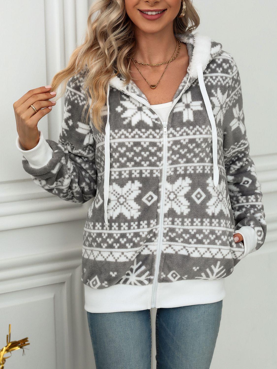 Drawstring Snowflake Zip Up Hooded Outerwear - Bona Fide Fashion