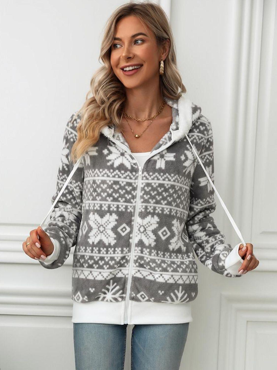 Drawstring Snowflake Zip Up Hooded Outerwear - Bona Fide Fashion