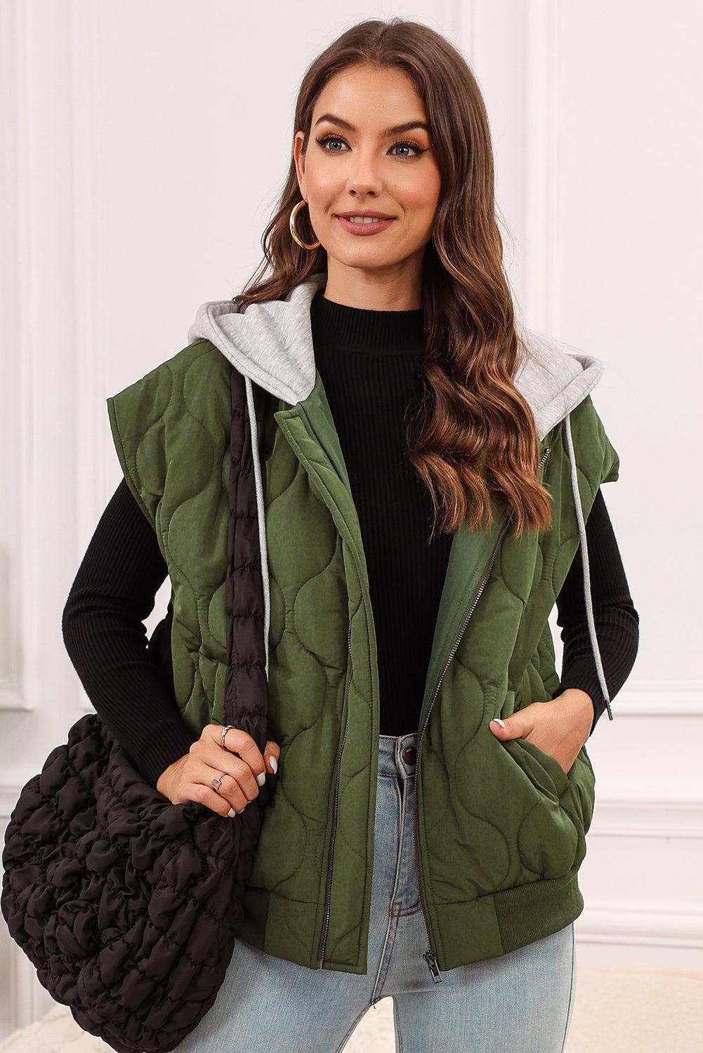 Drawstring Zip Up Hooded Vest Coat - Bona Fide Fashion