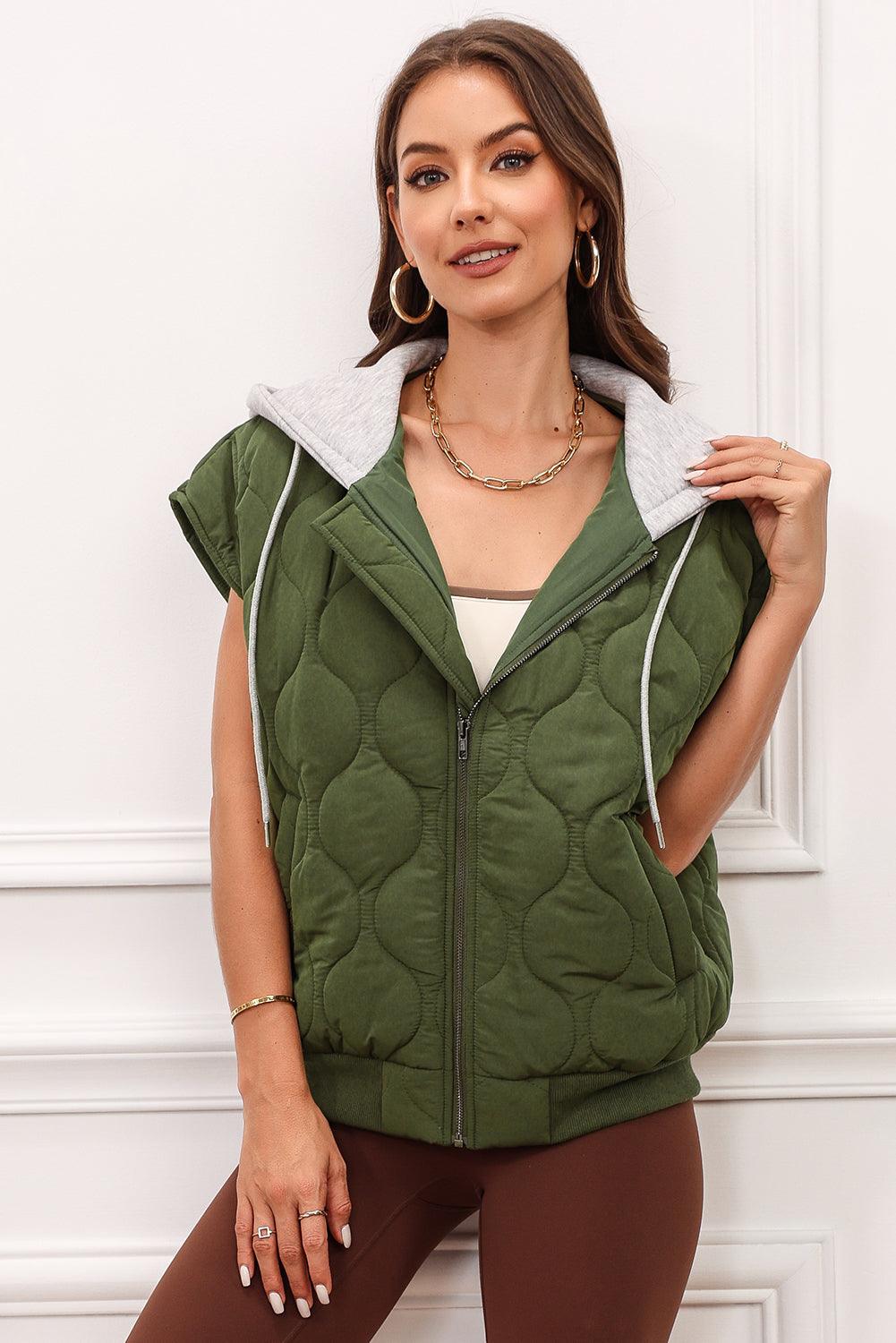 Drawstring Zip Up Hooded Vest Coat - Bona Fide Fashion