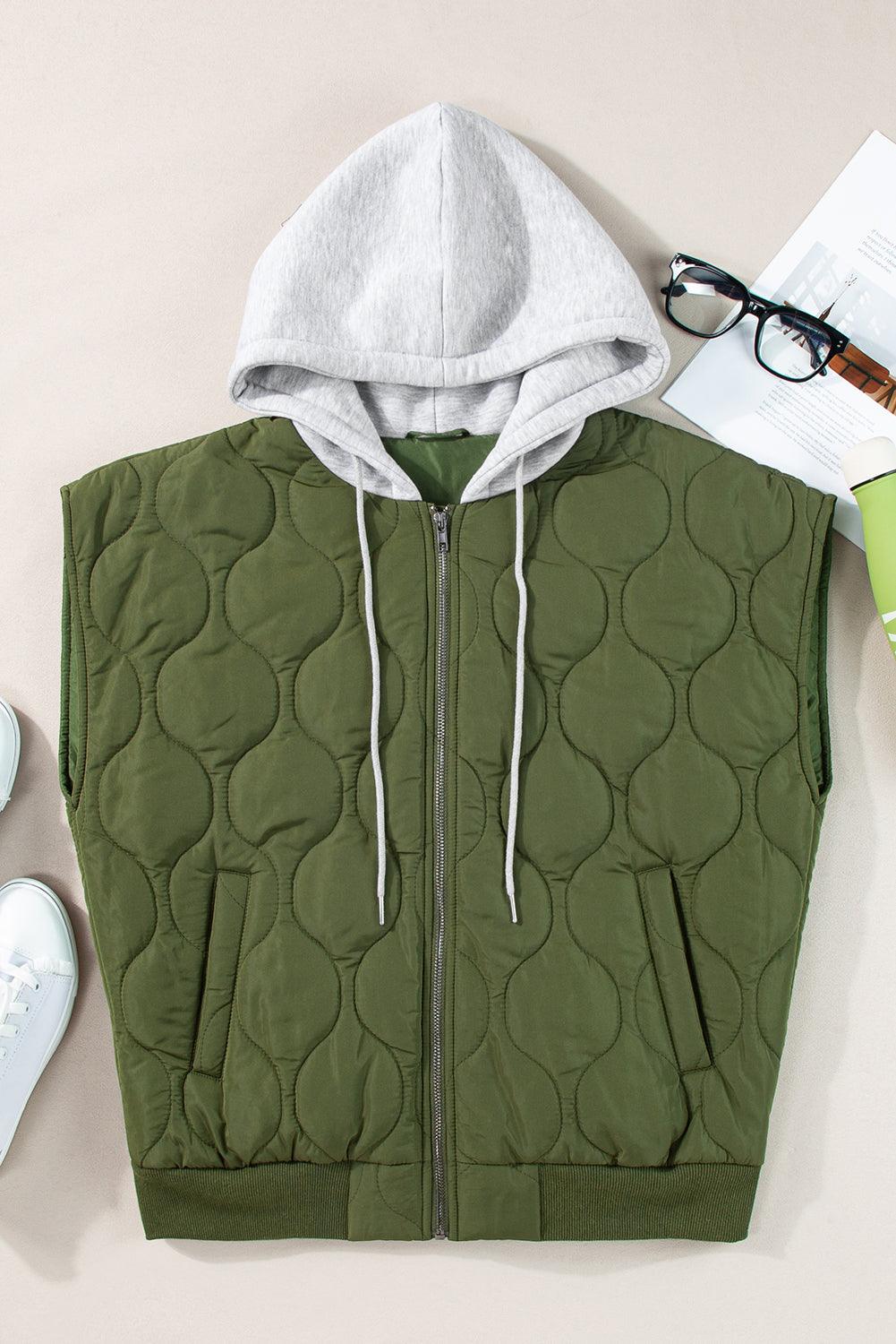 Drawstring Zip Up Hooded Vest Coat - Bona Fide Fashion