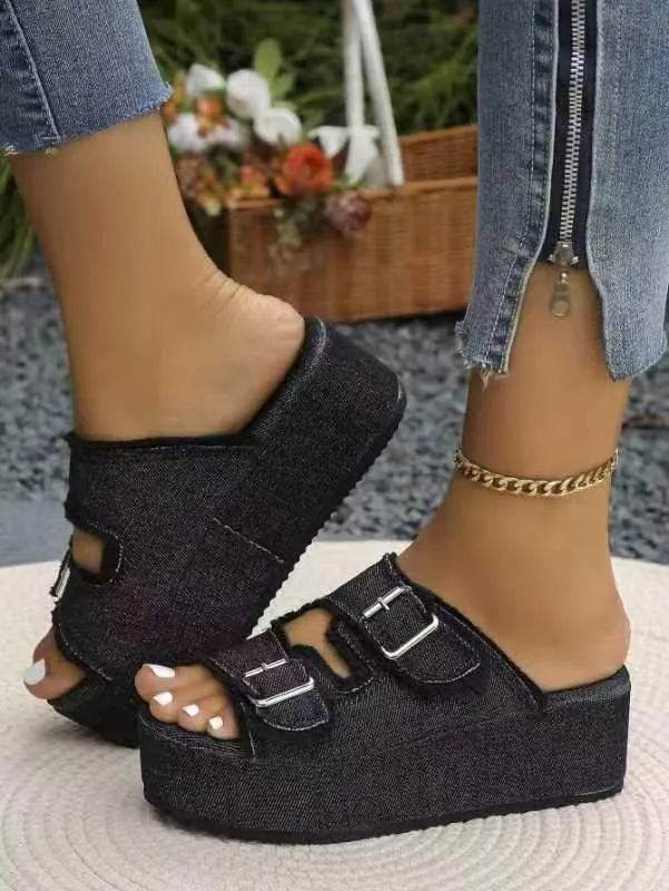 Raw Hem Wedge Buckle Sandals - Bona Fide Fashion