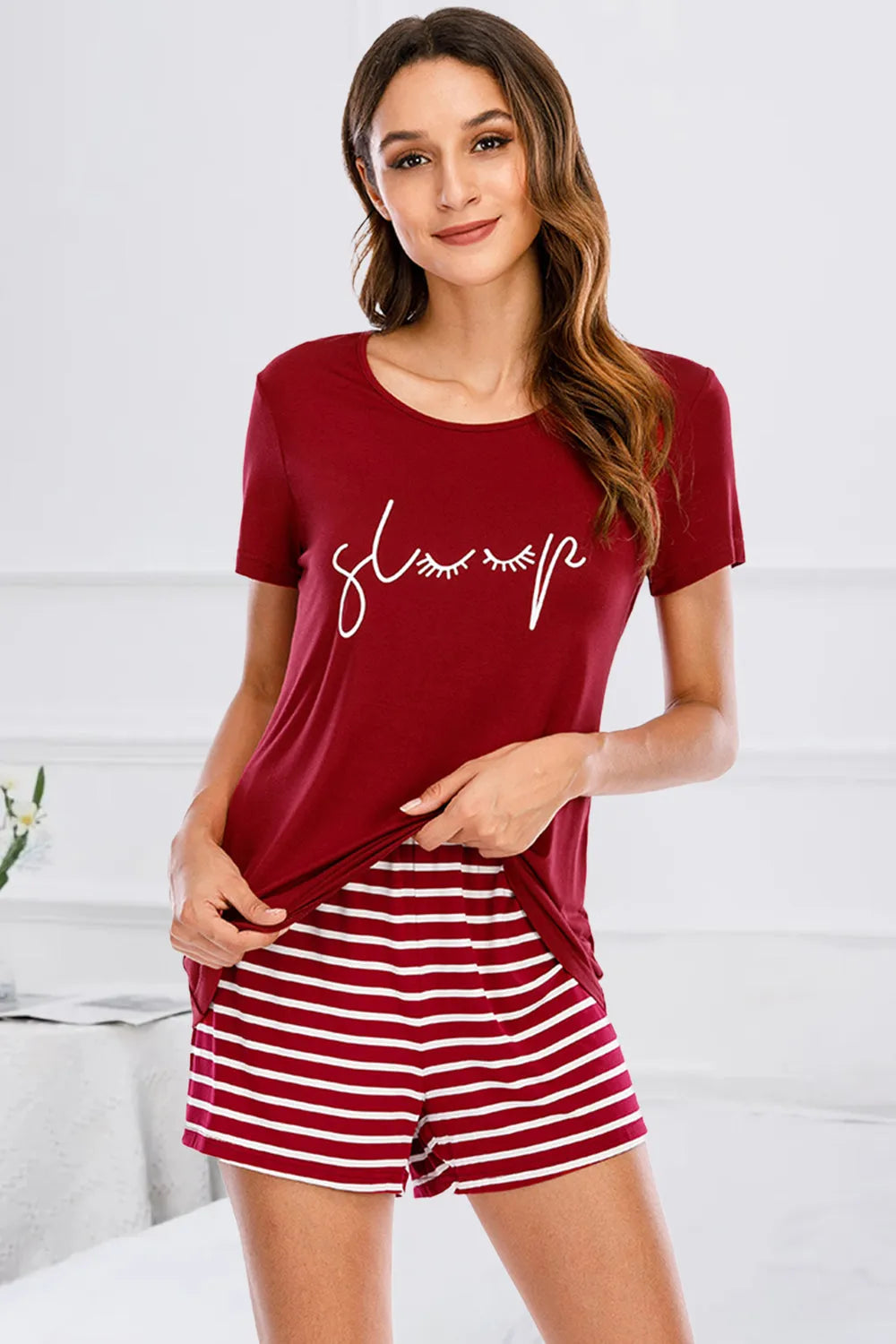 Graphic Round Neck and Striped Shorts Lounge Set