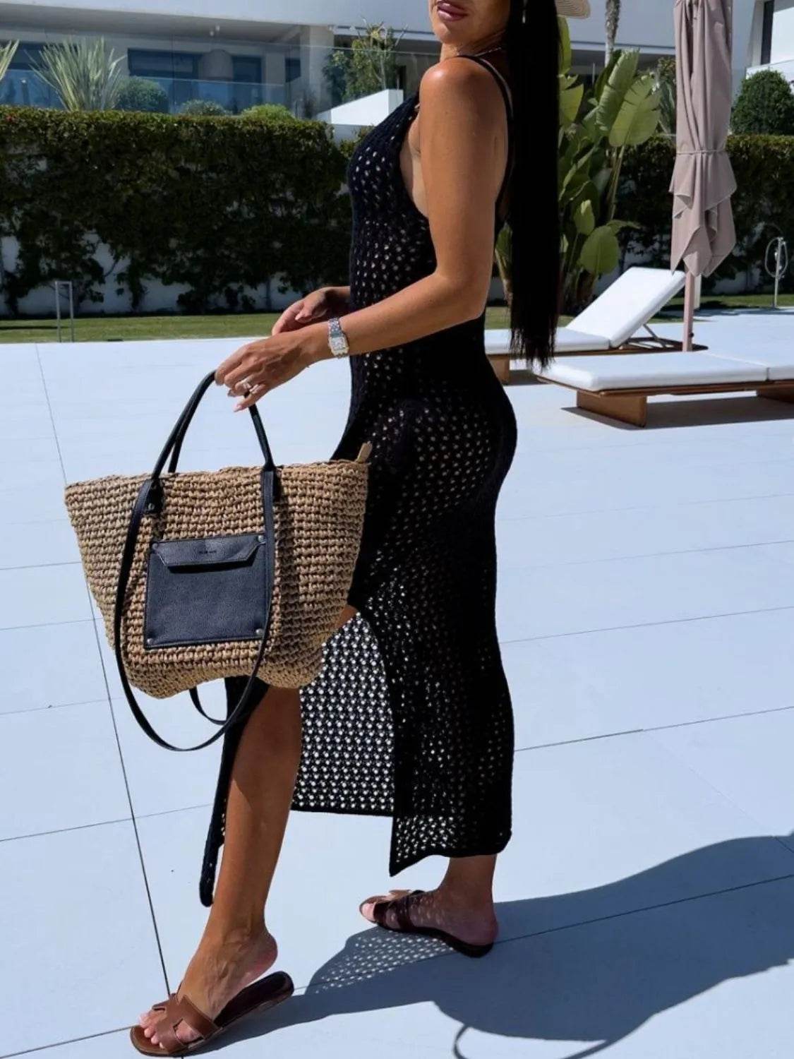 Openwork Slit Scoop Neck Sweater Dress - Bona Fide Fashion