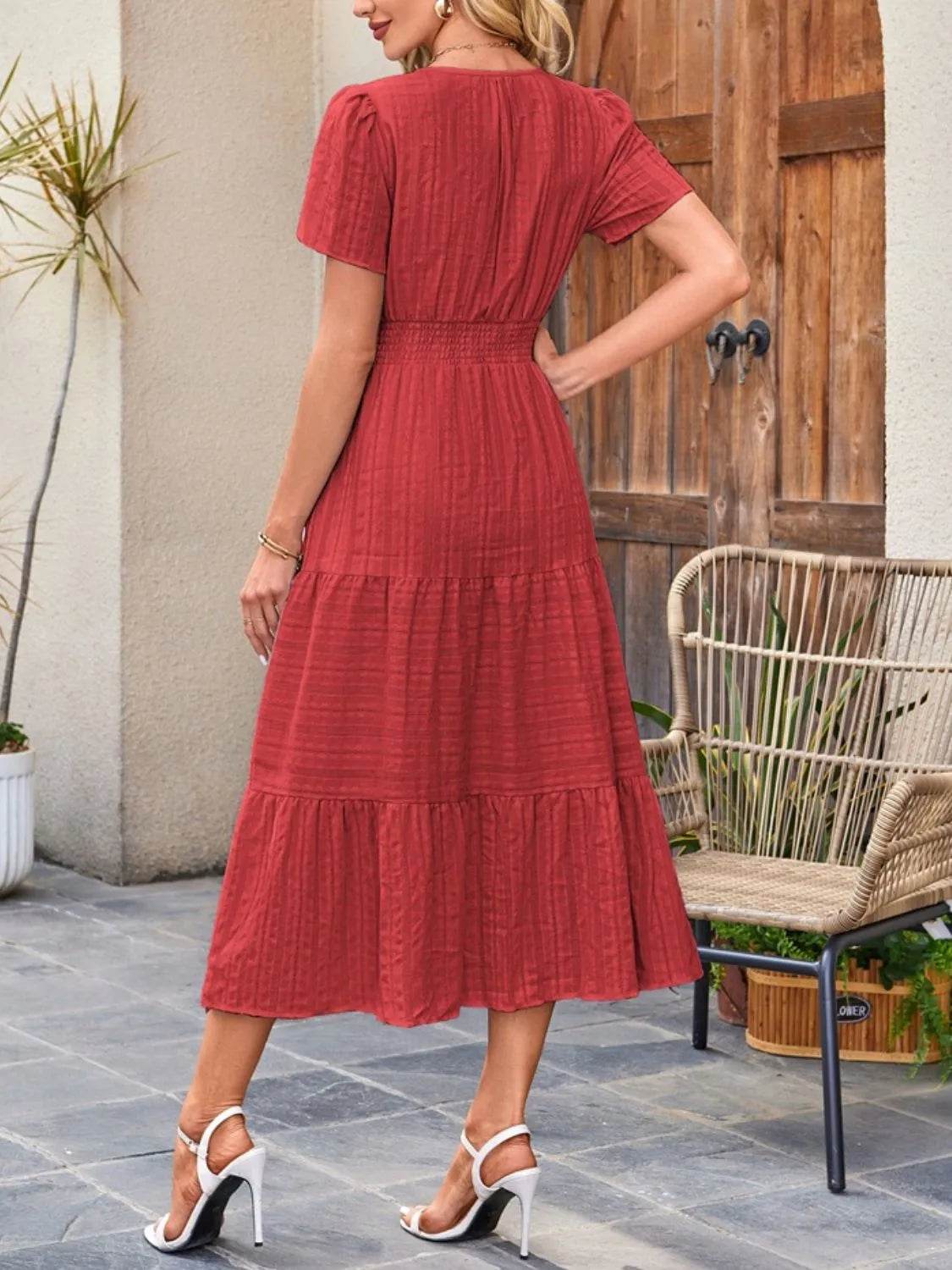 Tiered Notched Short Sleeve Dress - Bona Fide Fashion
