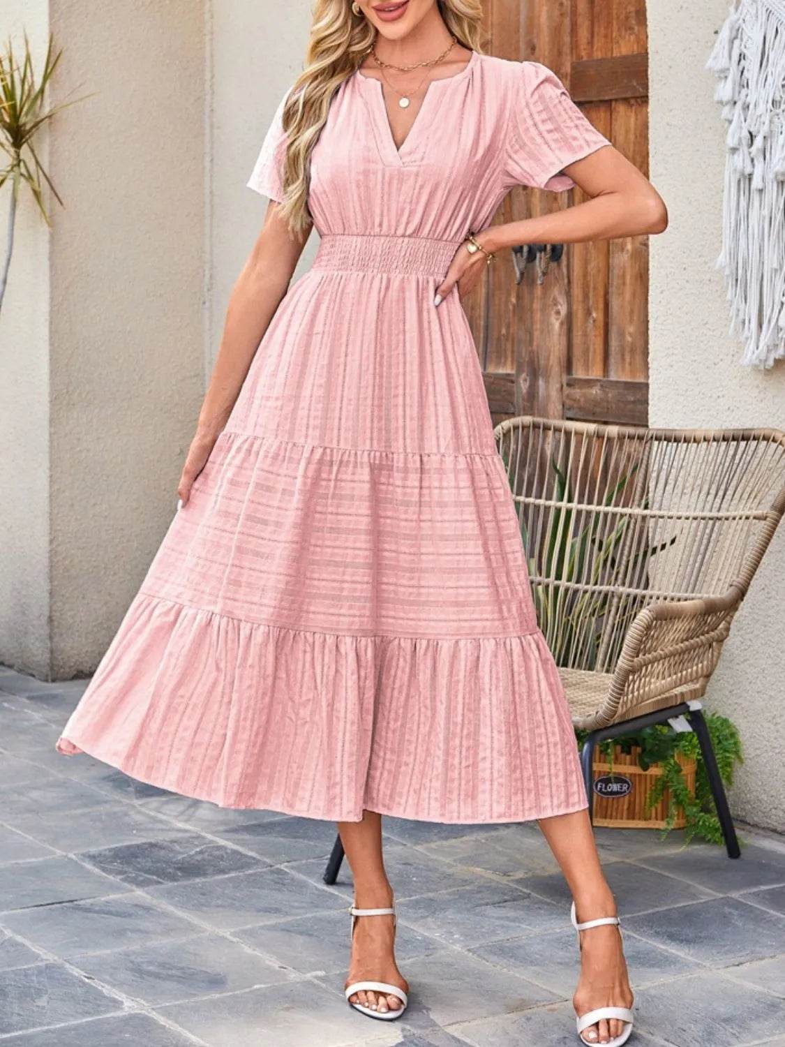 Tiered Notched Short Sleeve Dress - Bona Fide Fashion