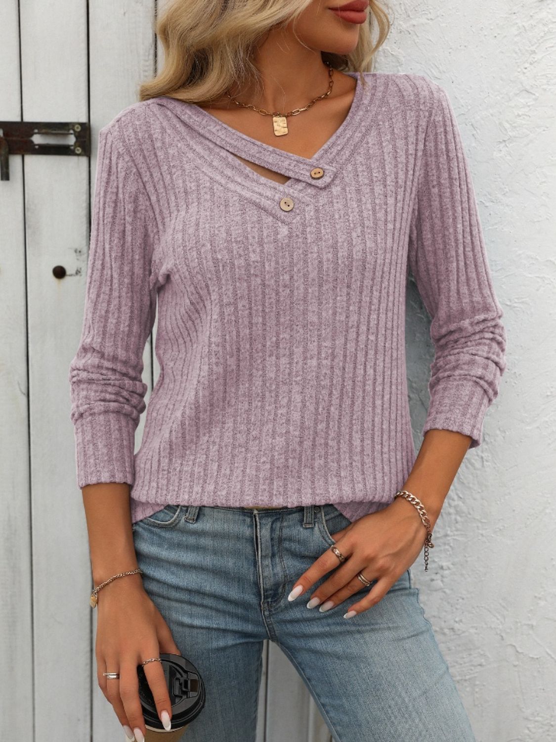 Mandy Ribbed V-Neck Long Sleeve T-Shirt