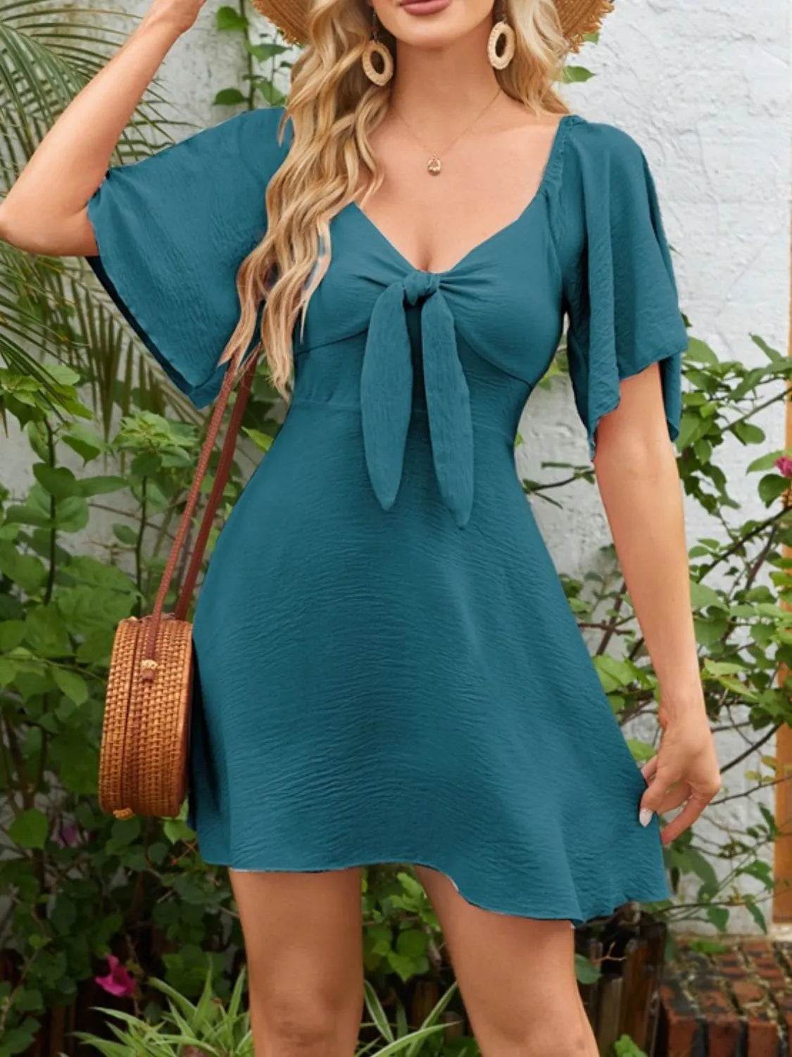 Smocked Back Knotted Flutter Sleeve Dress - Bona Fide Fashion