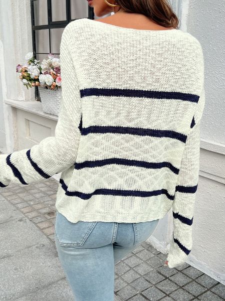 Women‘s Striped Drop Shoulder V-Neck Sweater Pullover Knitted Sweaters Top H79MQHZ4EB