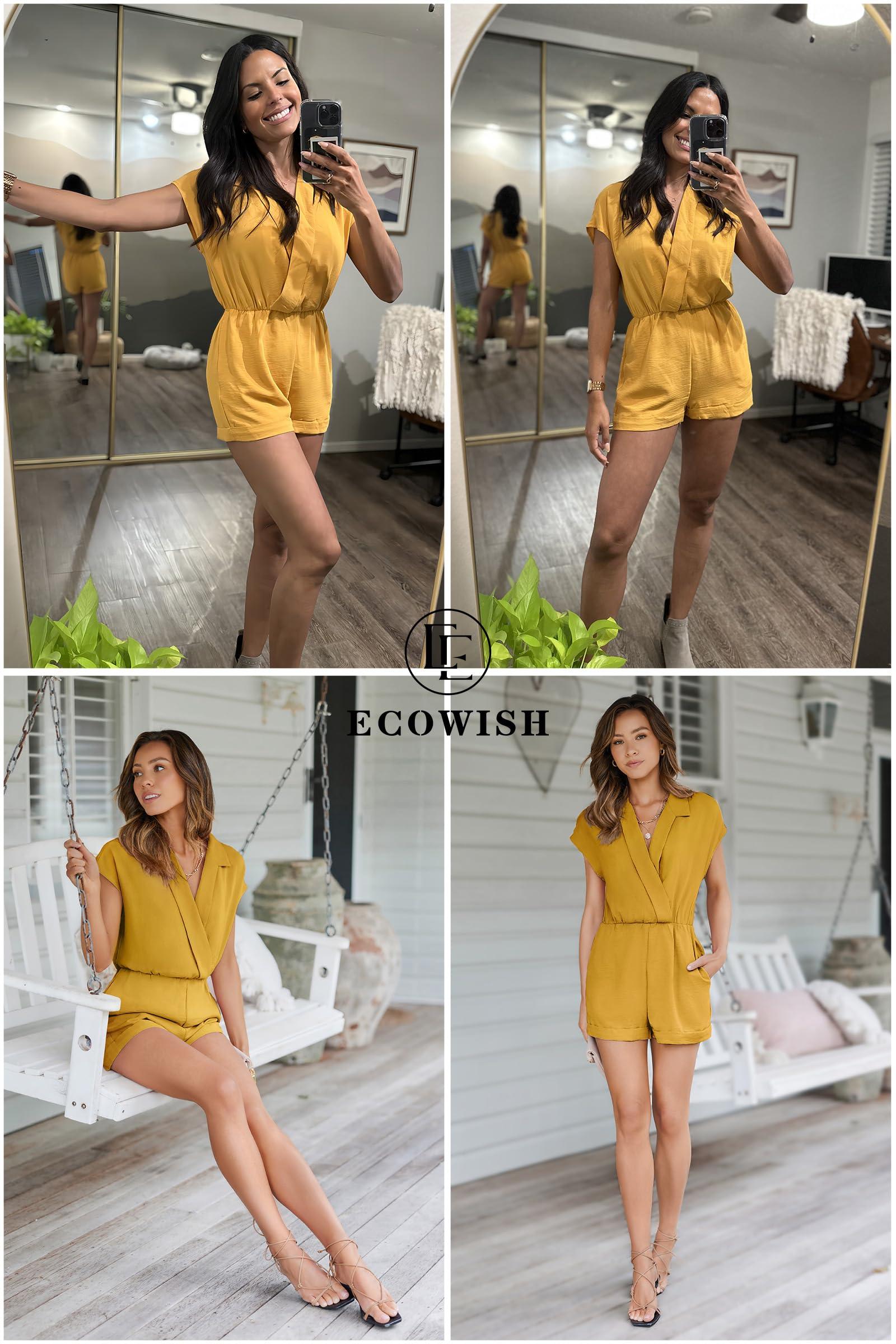 ECOWISH Women's Rompers Summer Short Sleeve Jumpsuits V Neck Lapel Collared One Piece Playsuit Outfits with Pockets 322 Yellow Large - Bona Fide Fashion