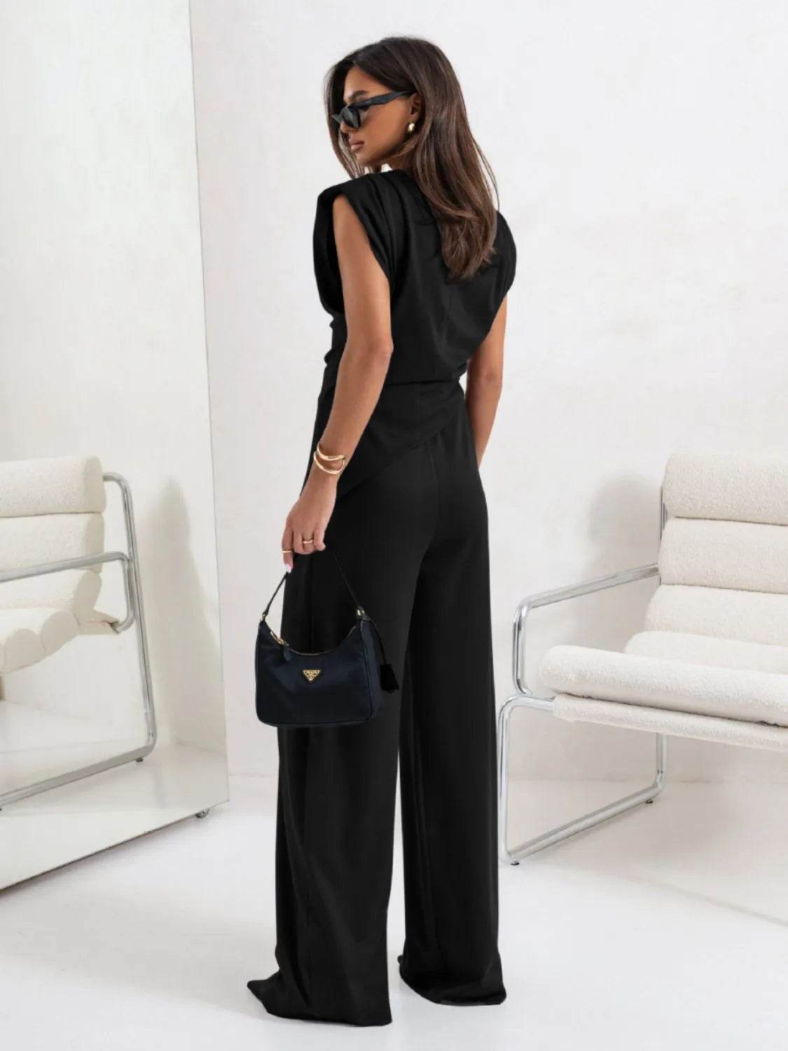 Slit Ruched Top and Wide Leg Pants Set - Bona Fide Fashion