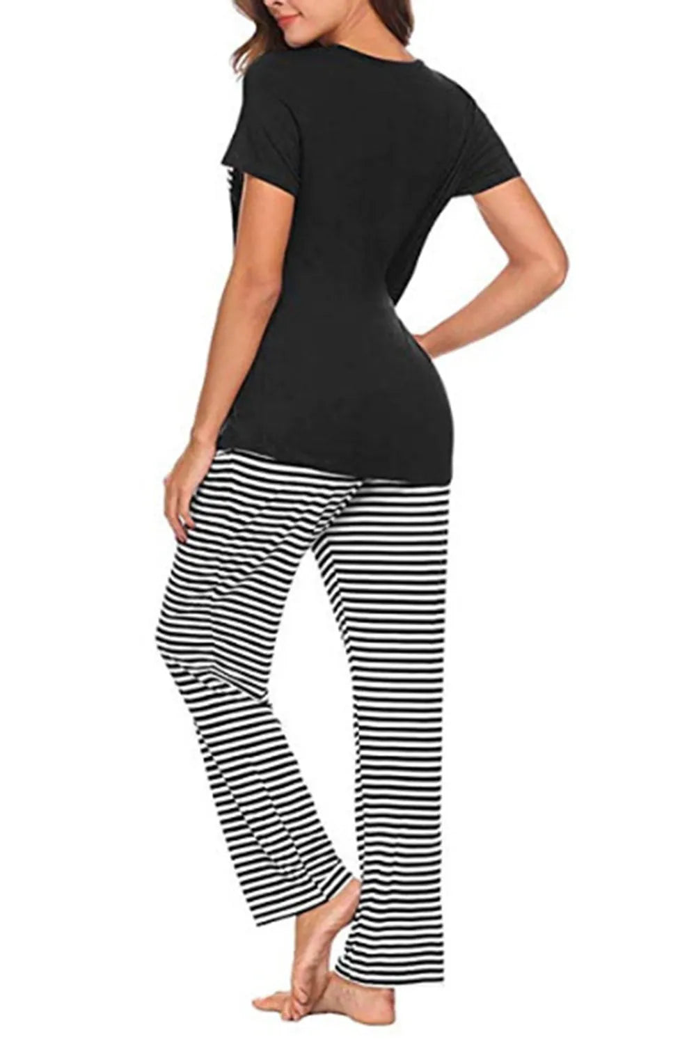 Pocketed Short Sleeve and Striped Pants Lounge Set