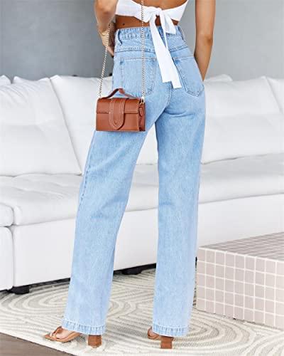 ETTELO Womens Jeans Mid Waisted Straight Leg Loose Stretchy Lightweight Tummy Control Trendy Jeans for Women 2023 (US, Numeric, 8, Regular, Regular, Light Blue) - Bona Fide Fashion