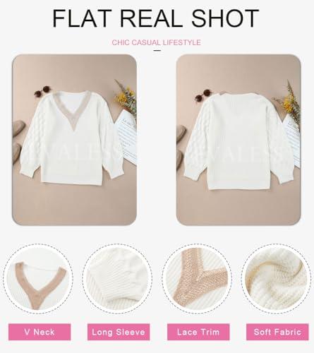EVALESS Womens Long Sleeve Sweaters Fall 2023 Trendy Sexy Lace V Neck Knit Drop Shoulder Winter Oversized Pullover Sweater Jumper Tops White X-Large - Bona Fide Fashion