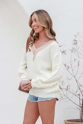 EVALESS Womens Long Sleeve Sweaters Fall 2023 Trendy Sexy Lace V Neck Knit Drop Shoulder Winter Oversized Pullover Sweater Jumper Tops White X-Large - Bona Fide Fashion