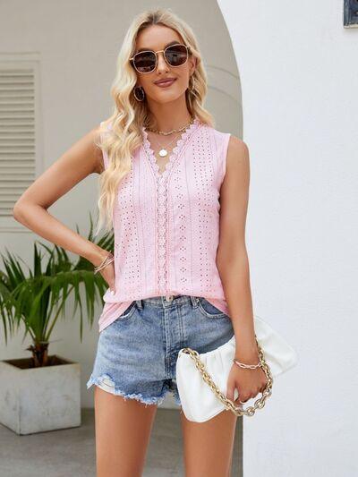 Eyelet Lace Detail V-Neck Tank - Bona Fide Fashion