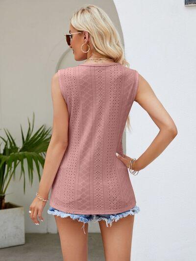 Eyelet Lace Detail V-Neck Tank - Bona Fide Fashion