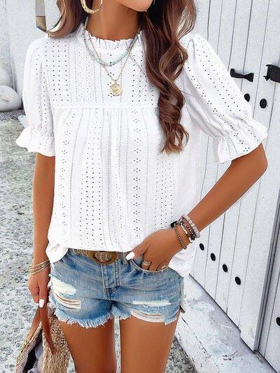 Eyelet Mock Neck Flounce Sleeve Blouse - Bona Fide Fashion