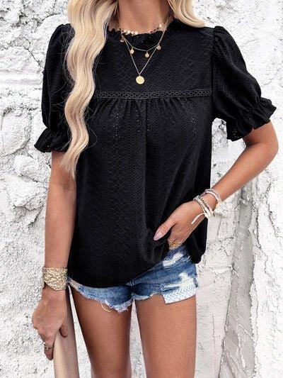 Eyelet Mock Neck Flounce Sleeve Blouse - Bona Fide Fashion