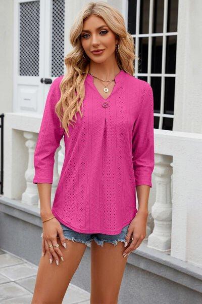 Eyelet Notched Knit Jacquard Top - Bona Fide Fashion