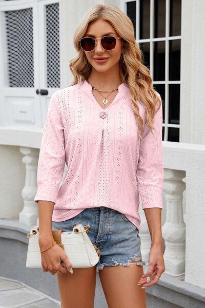 Eyelet Notched Knit Jacquard Top - Bona Fide Fashion