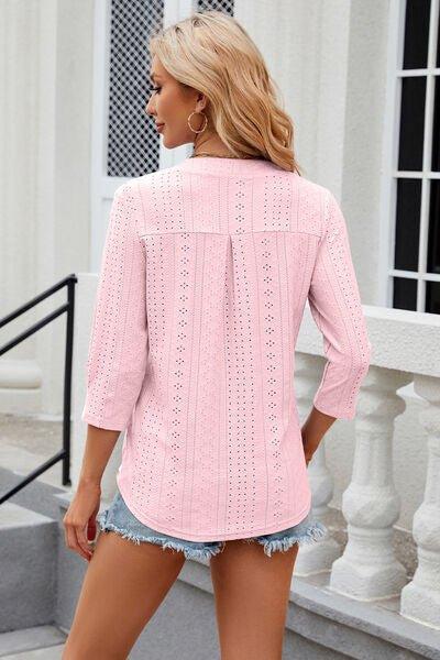 Eyelet Notched Knit Jacquard Top - Bona Fide Fashion