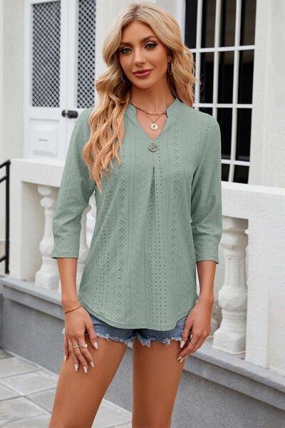 Eyelet Notched Knit Jacquard Top - Bona Fide Fashion