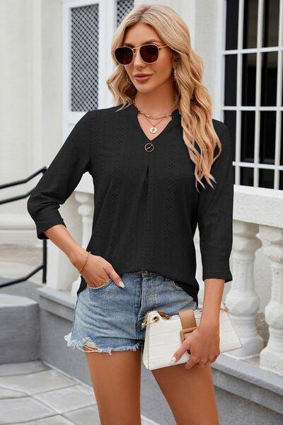 Eyelet Notched Knit Jacquard Top - Bona Fide Fashion