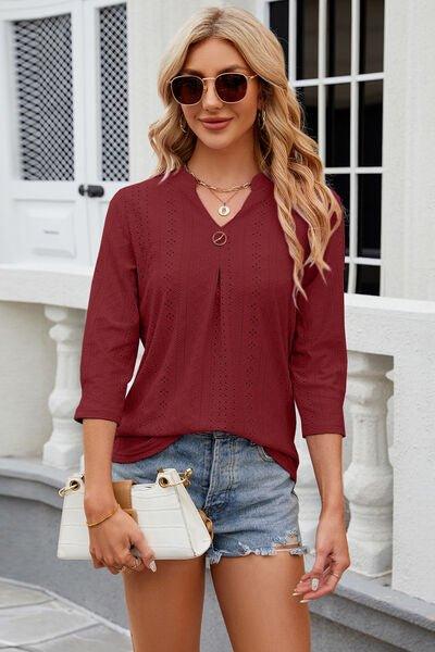 Eyelet Notched Knit Jacquard Top - Bona Fide Fashion