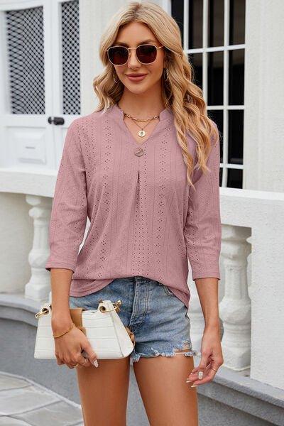 Eyelet Notched Knit Jacquard Top - Bona Fide Fashion