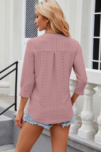 Eyelet Notched Knit Jacquard Top - Bona Fide Fashion