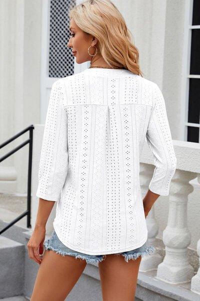 Eyelet Notched Knit Jacquard Top - Bona Fide Fashion