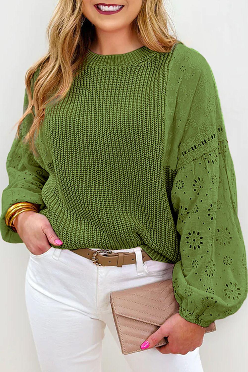 Eyelet Round Neck Drop Shoulder Sweater - Bona Fide Fashion