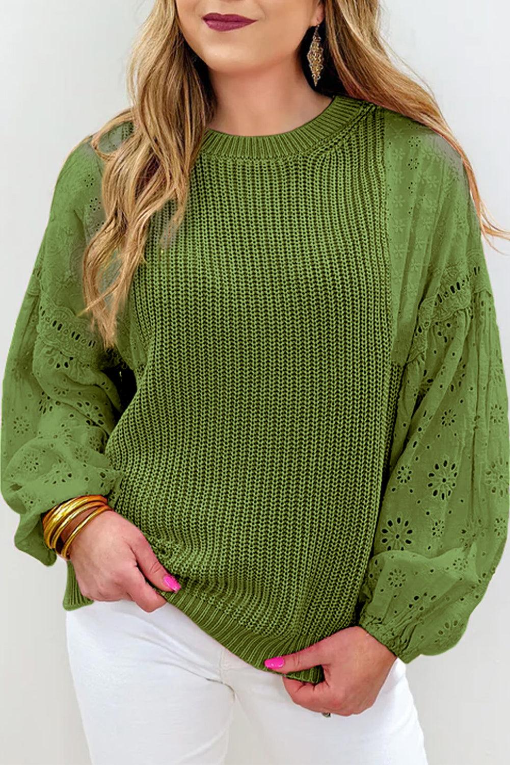 Eyelet Round Neck Drop Shoulder Sweater - Bona Fide Fashion