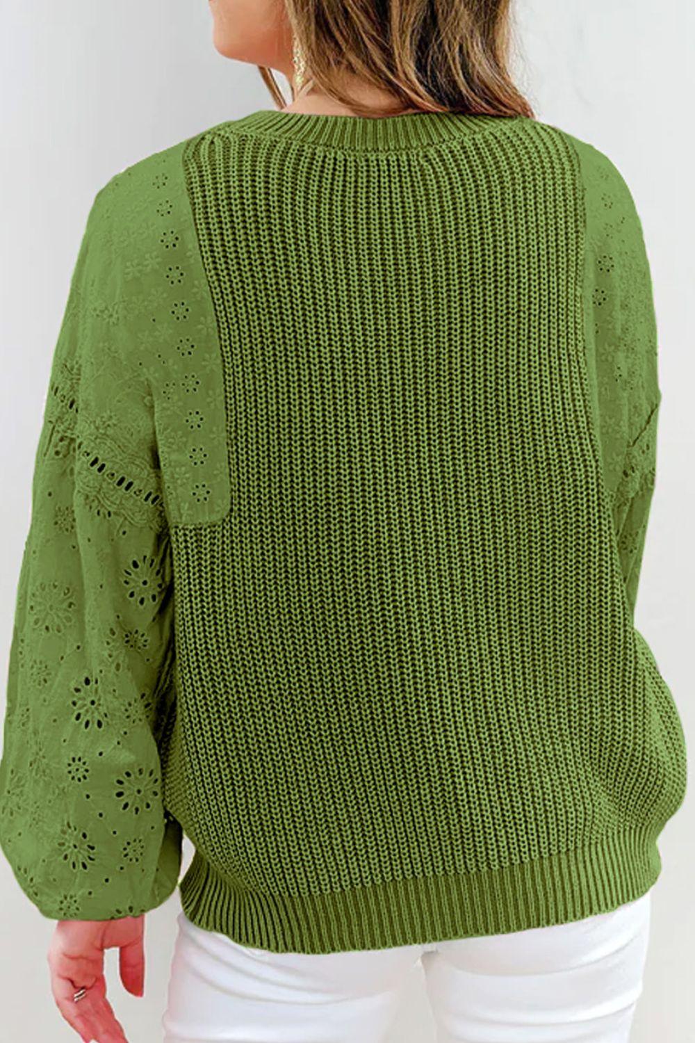 Eyelet Round Neck Drop Shoulder Sweater - Bona Fide Fashion