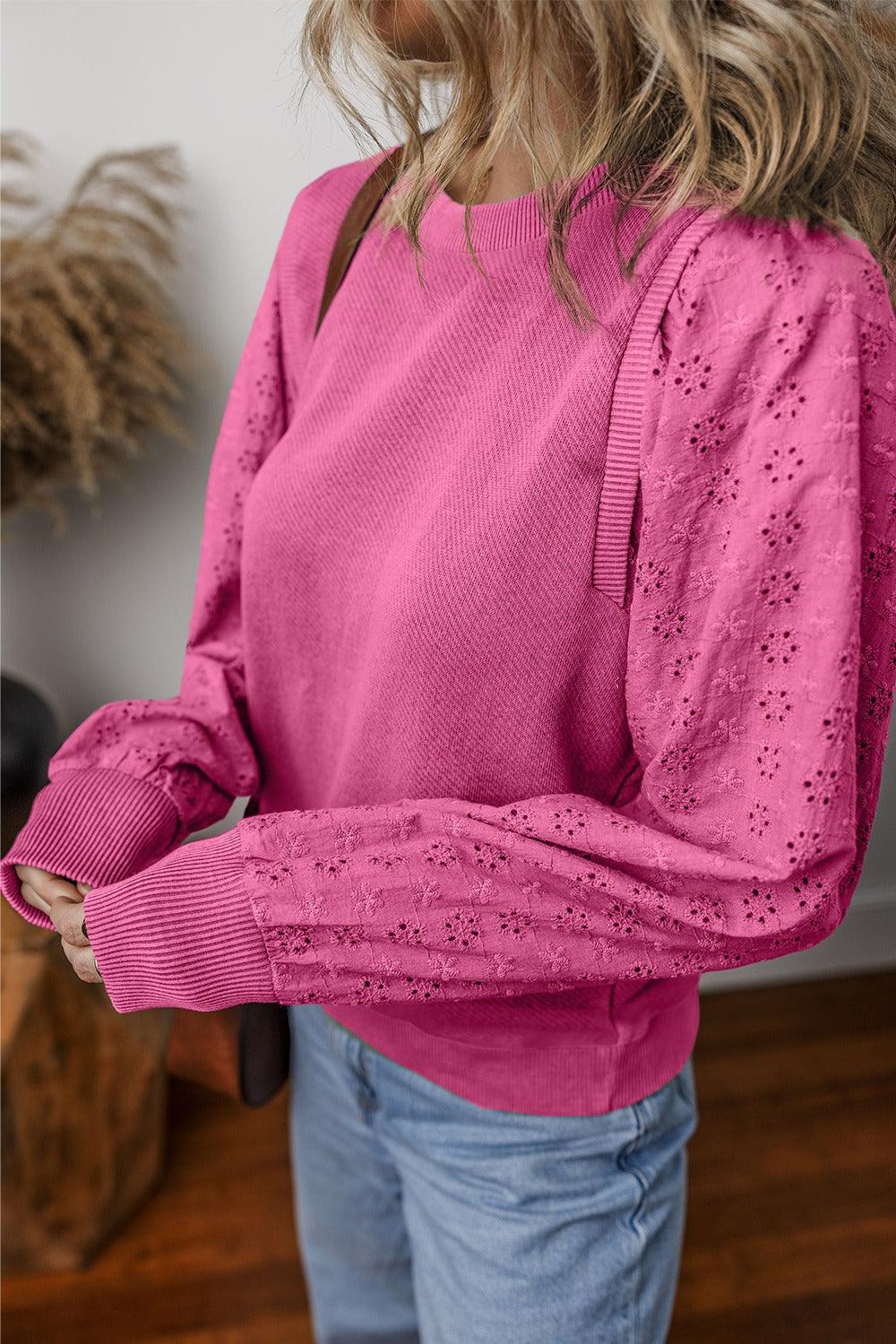 Eyelet Round Neck Long Sleeve Sweatshirt - Bona Fide Fashion