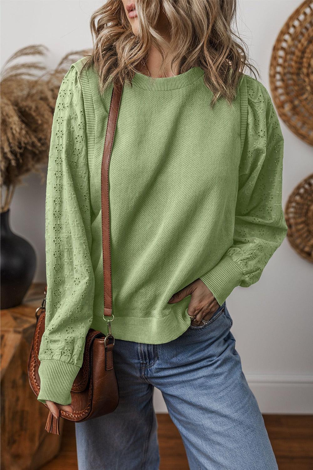 Eyelet Round Neck Long Sleeve Sweatshirt - Bona Fide Fashion