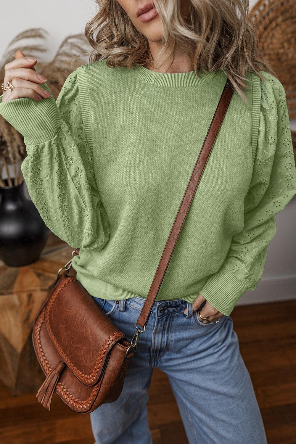 Eyelet Round Neck Long Sleeve Sweatshirt - Bona Fide Fashion